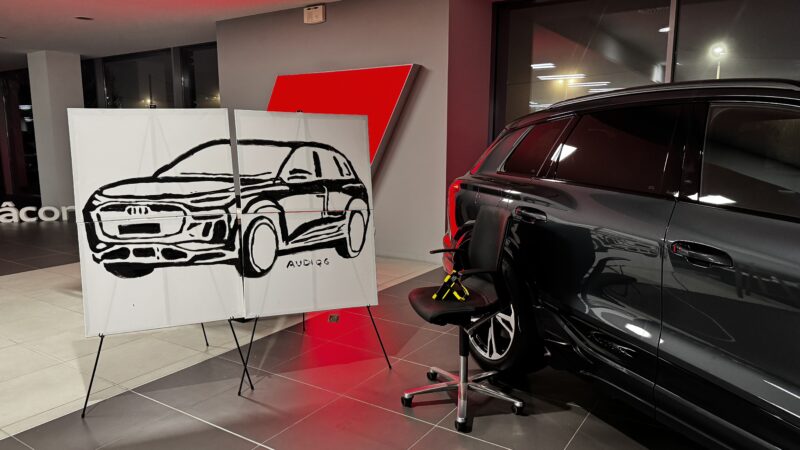 speed painting Audi Q6 - speed painting - Peintre performer - Speed painting / Glitter painting - Fred Ericksen • Magicien Lyon • Storyteller Performance artistique et pyrotechnique : La soirée mémorable de la Team Ericksen chez Audi Suma à Mâcon